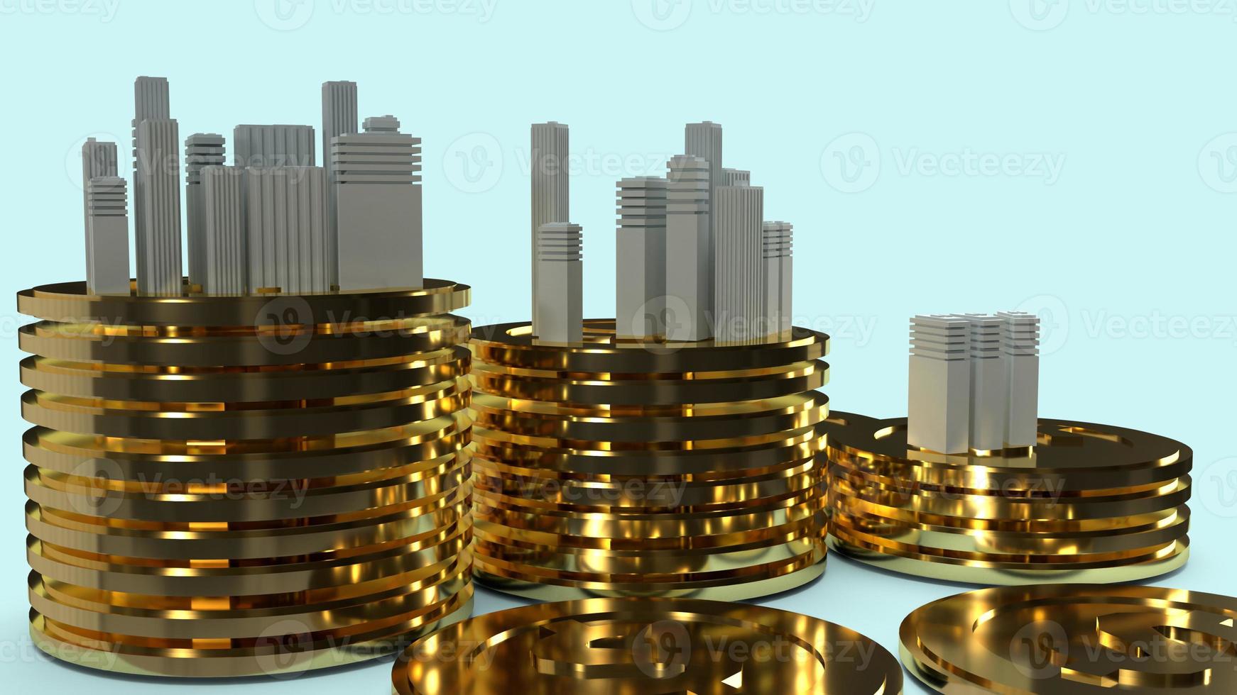 Building model and gold coins 3d rendering  for  property content. photo