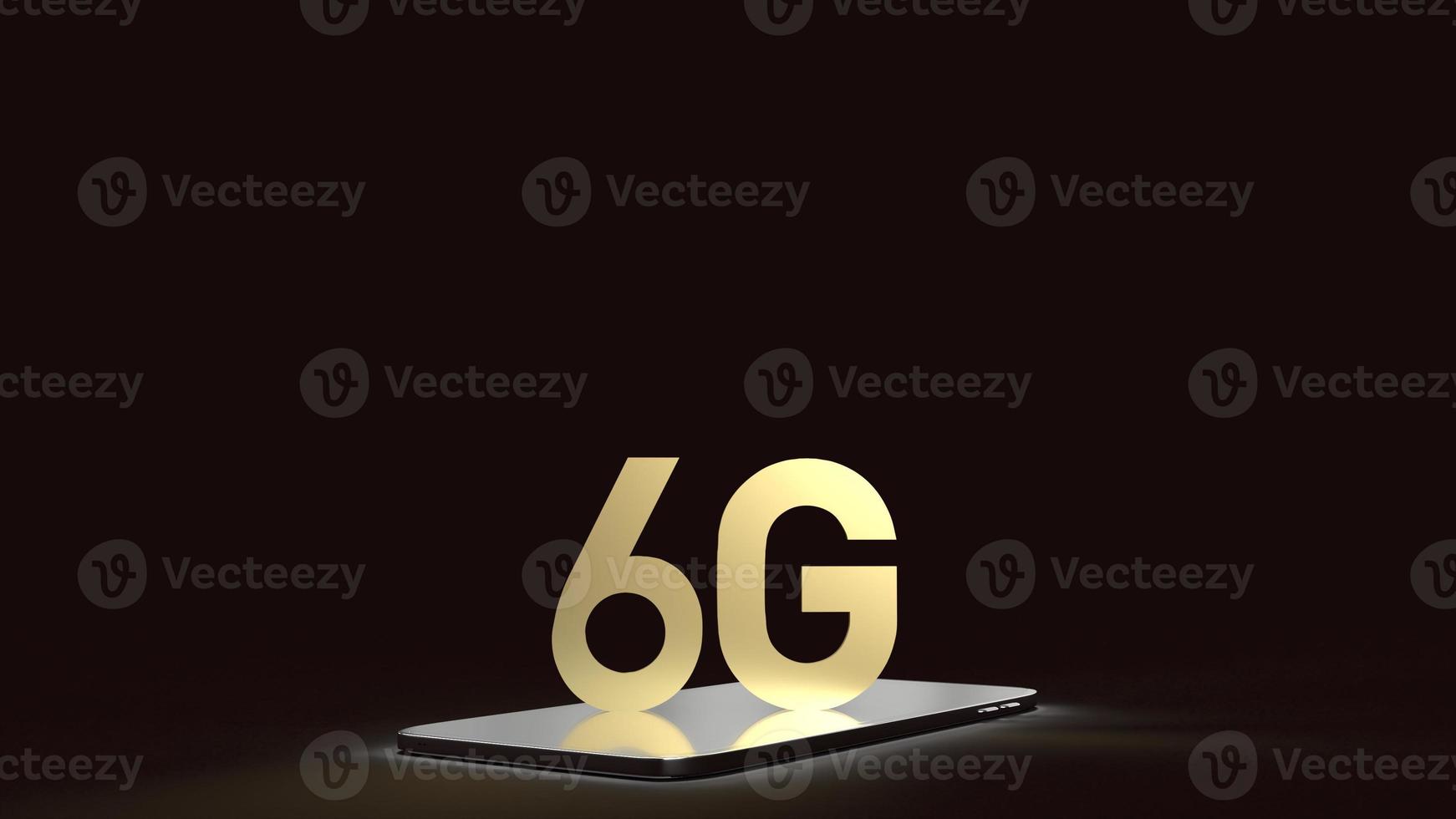 3d rendering 6g text gold surface glow on smartphone  in dark image for mobile technology content. photo