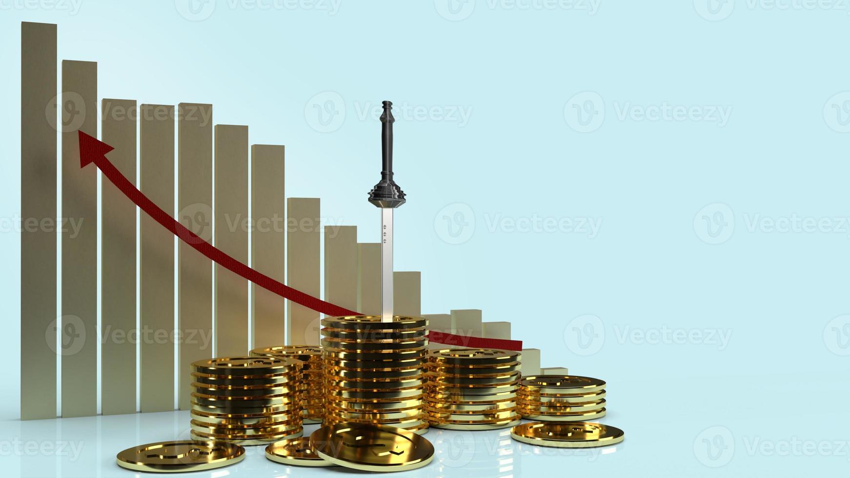 espada en monedas de oro y gráfico para representación 3d de contenido empresarial. foto