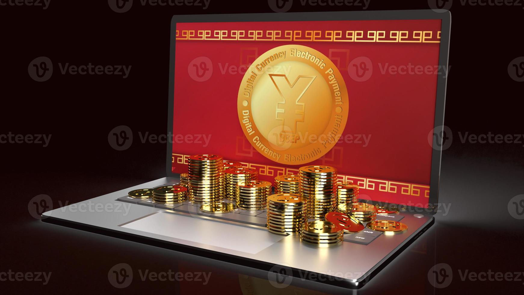 The yuan symbol on gold coins and  notebook  3d rendering for china Digital photo