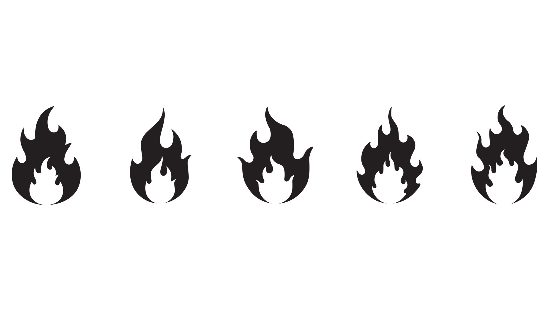 Black fire flames symbol. Set Flat Icons fire isolated on white