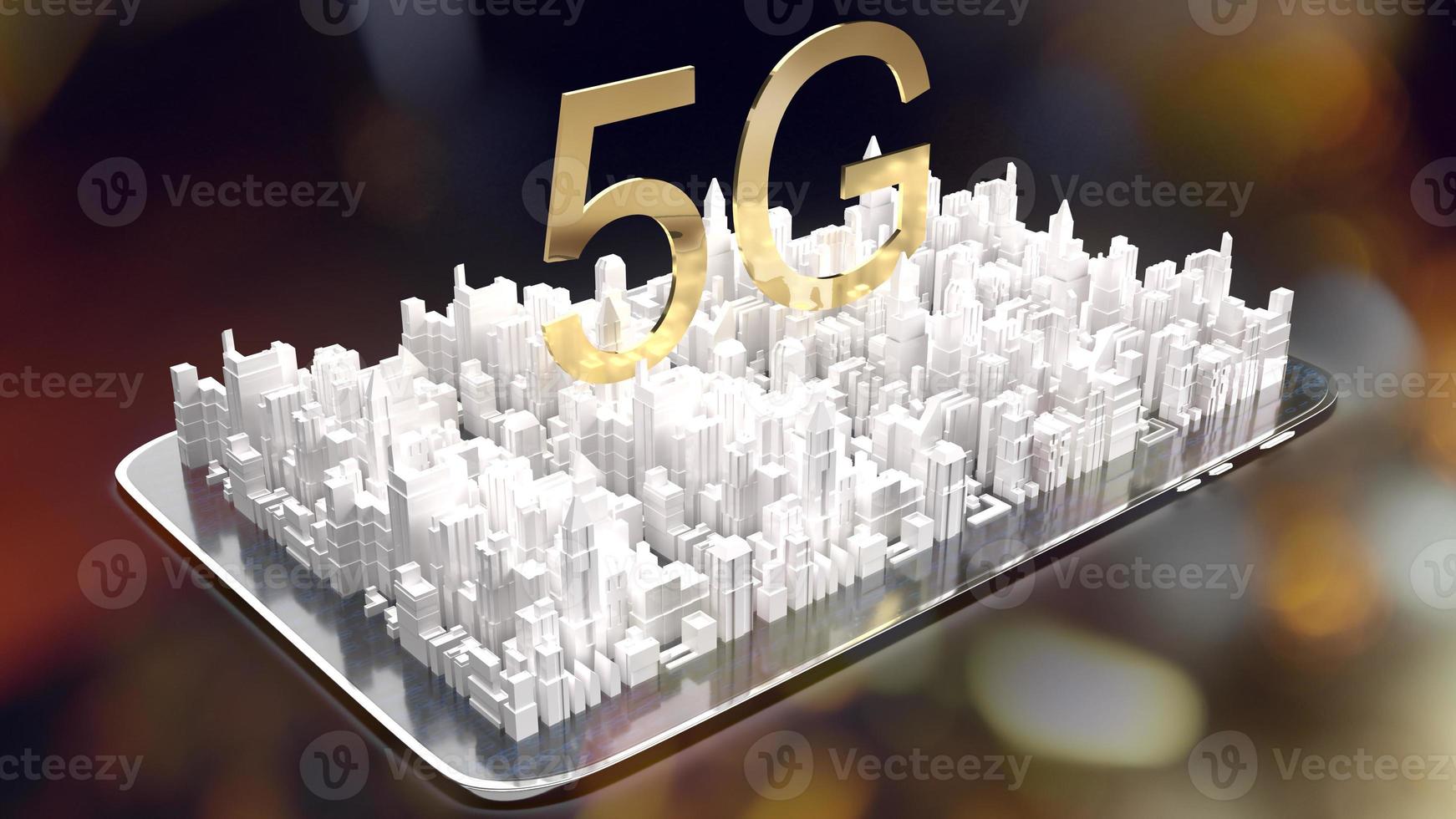 tableta y texto 5g dorado en representación 3d de ciudad de construcción blanca para contenido de red. foto