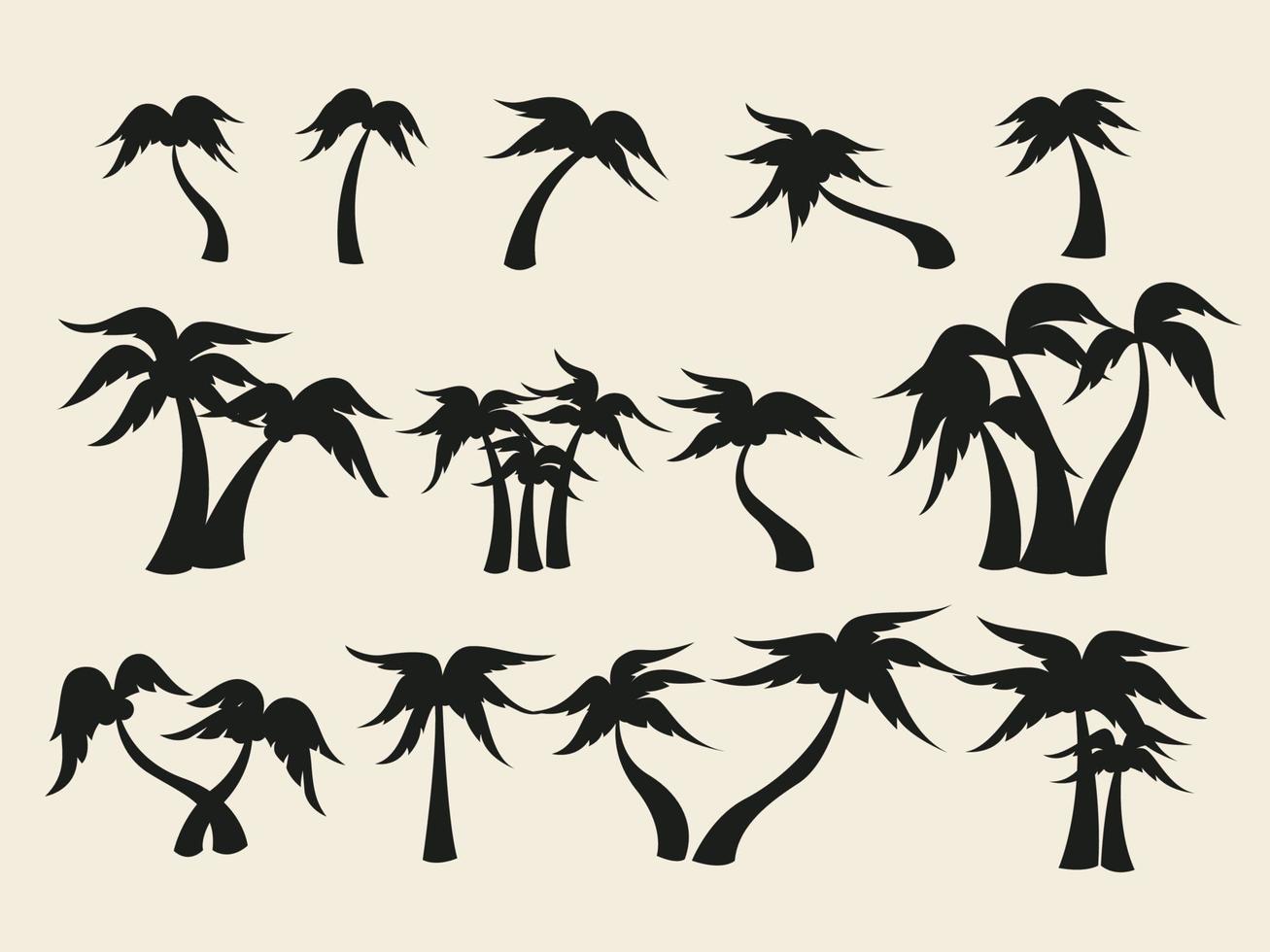 colección de siluetas vectoriales de palmeras de coco con forma de curva, palmera alta y corta vector