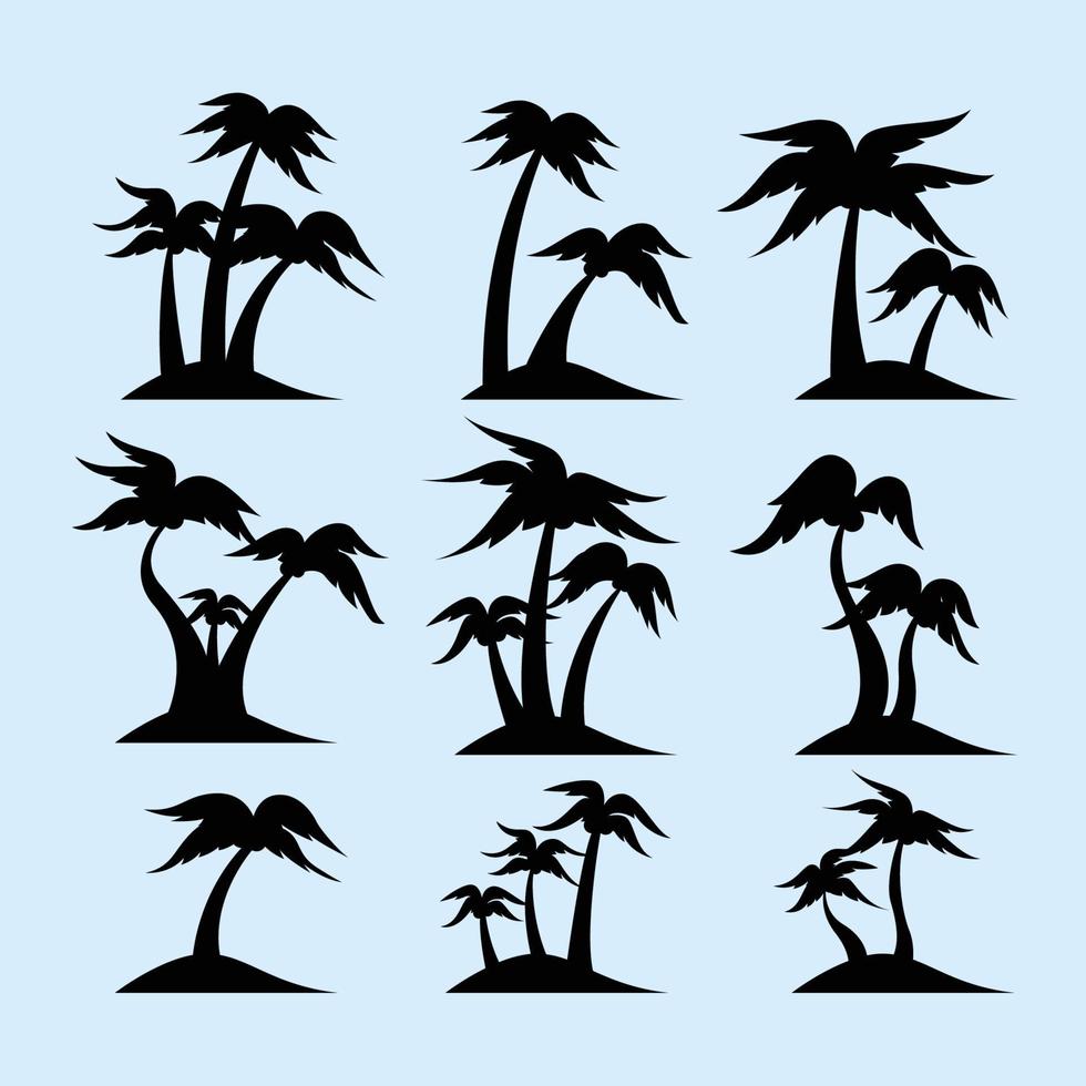 group of coconut palm trees silhouette on small isolated island. Set collection of coconut palm trees island silhouette vector