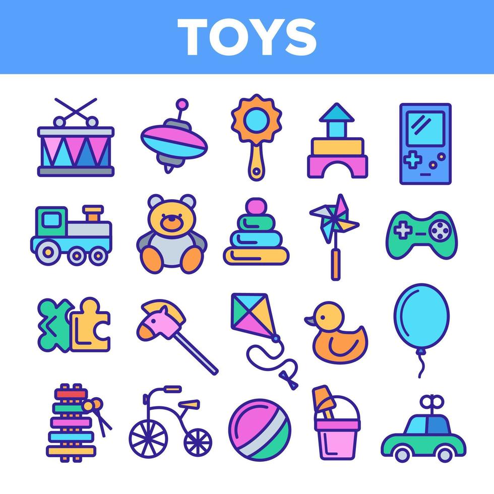 Conjunto de iconos delgados de vector lineal de juguetes para niños