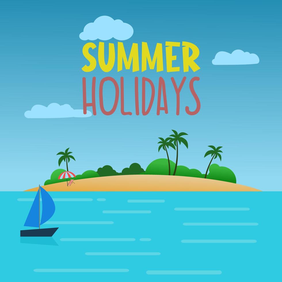 Beautiful island landscape, summer vacation on beach. Holiday Vector design illustration.