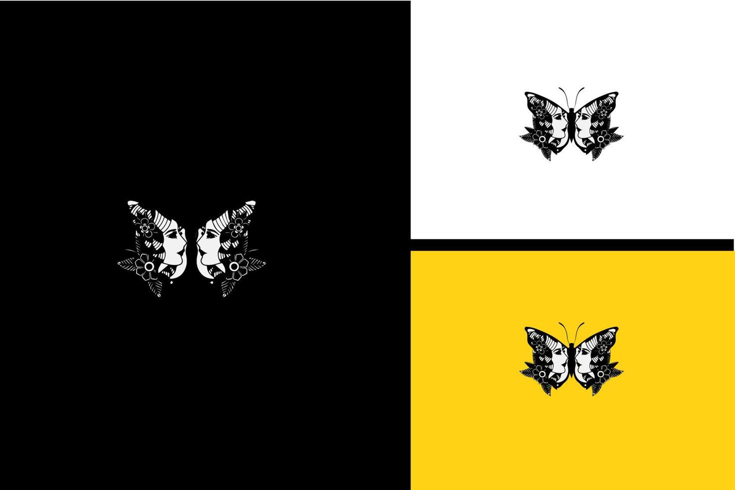 diseño de logotipo de mariposa y cara de mujer vector blanco y negro