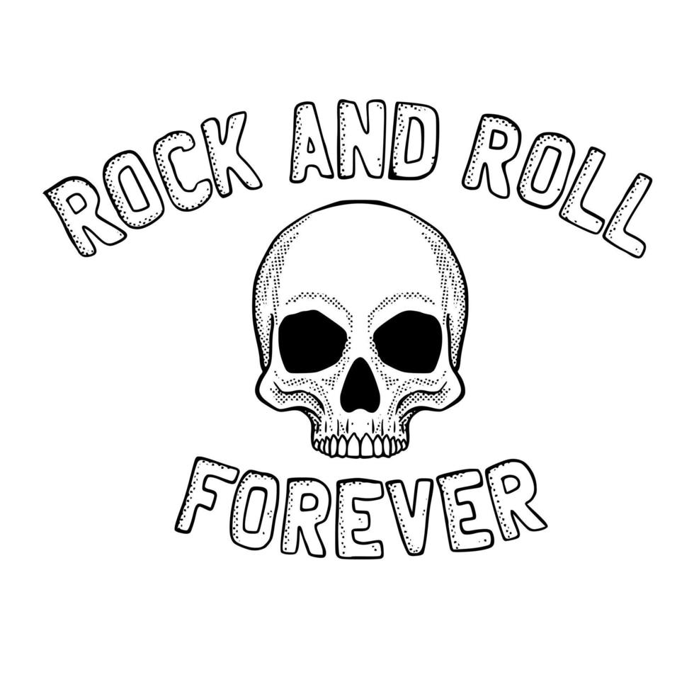 Skull Rock and roll forever doodle black and white illustration hand drawn vector