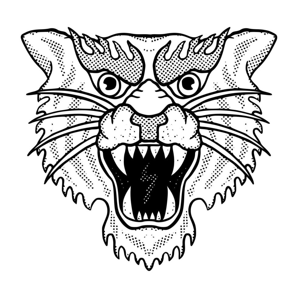 Vintage big cat doodle black and white illustration hand drawn vector