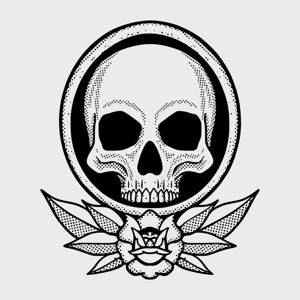 cráneo flores garabato blanco y negro ilustración dibujado a mano vector