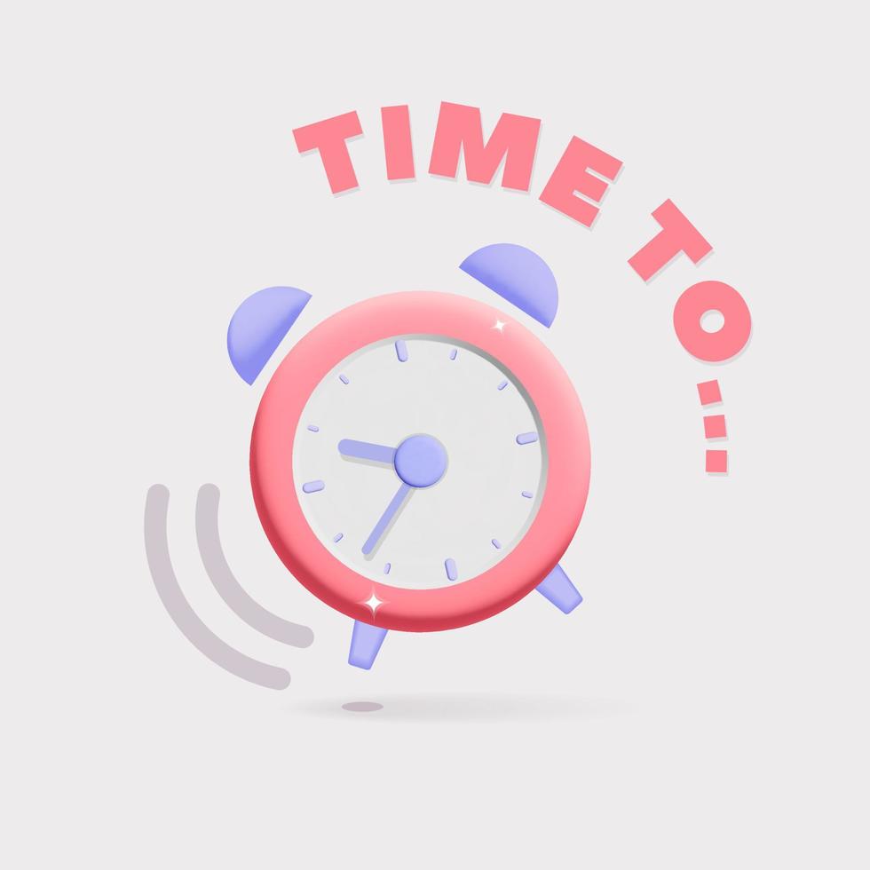 3d vector round pink alarm clock to watch hours with text icon design