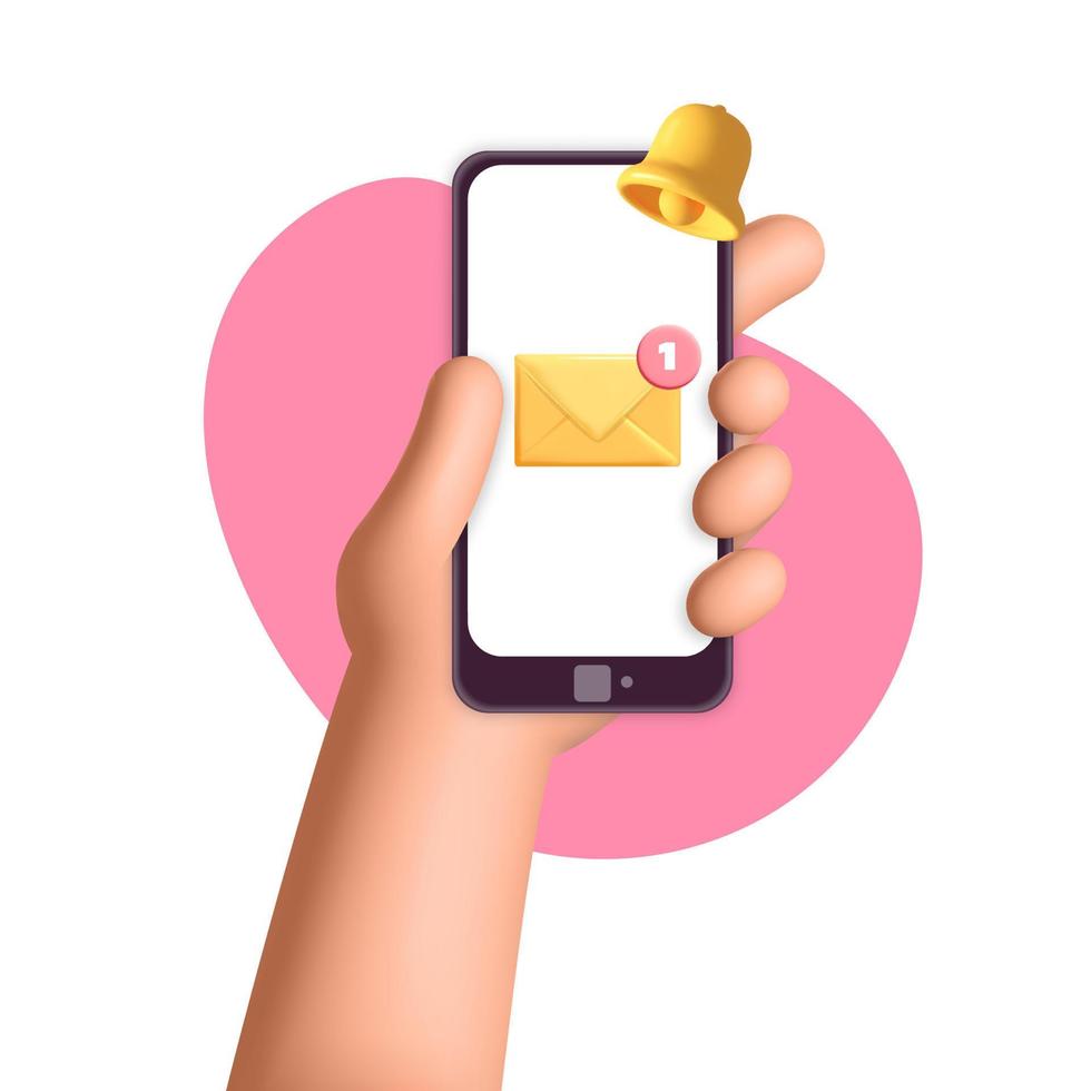 3d vector hand holds phone with email new message push notification design illustration