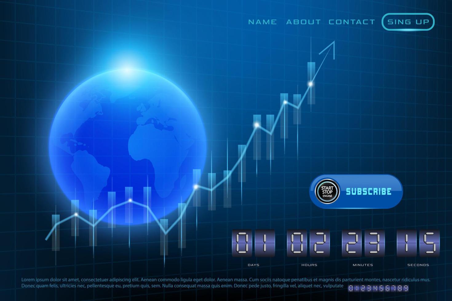 holograma de alta tecnología del planeta tierra con gráfico vectorial brillante de datos financieros de inversión. graficar el mercado de valores con candelabros ascendentes. elementos infográficos y mapa del mundo realista. vector