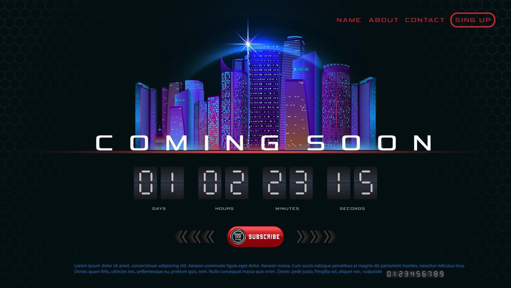 Opening text Coming soon on abstract dark background city silhouette with countdown timer. Design concept for sale, web, promotion announcement, template design, page under construction. vector