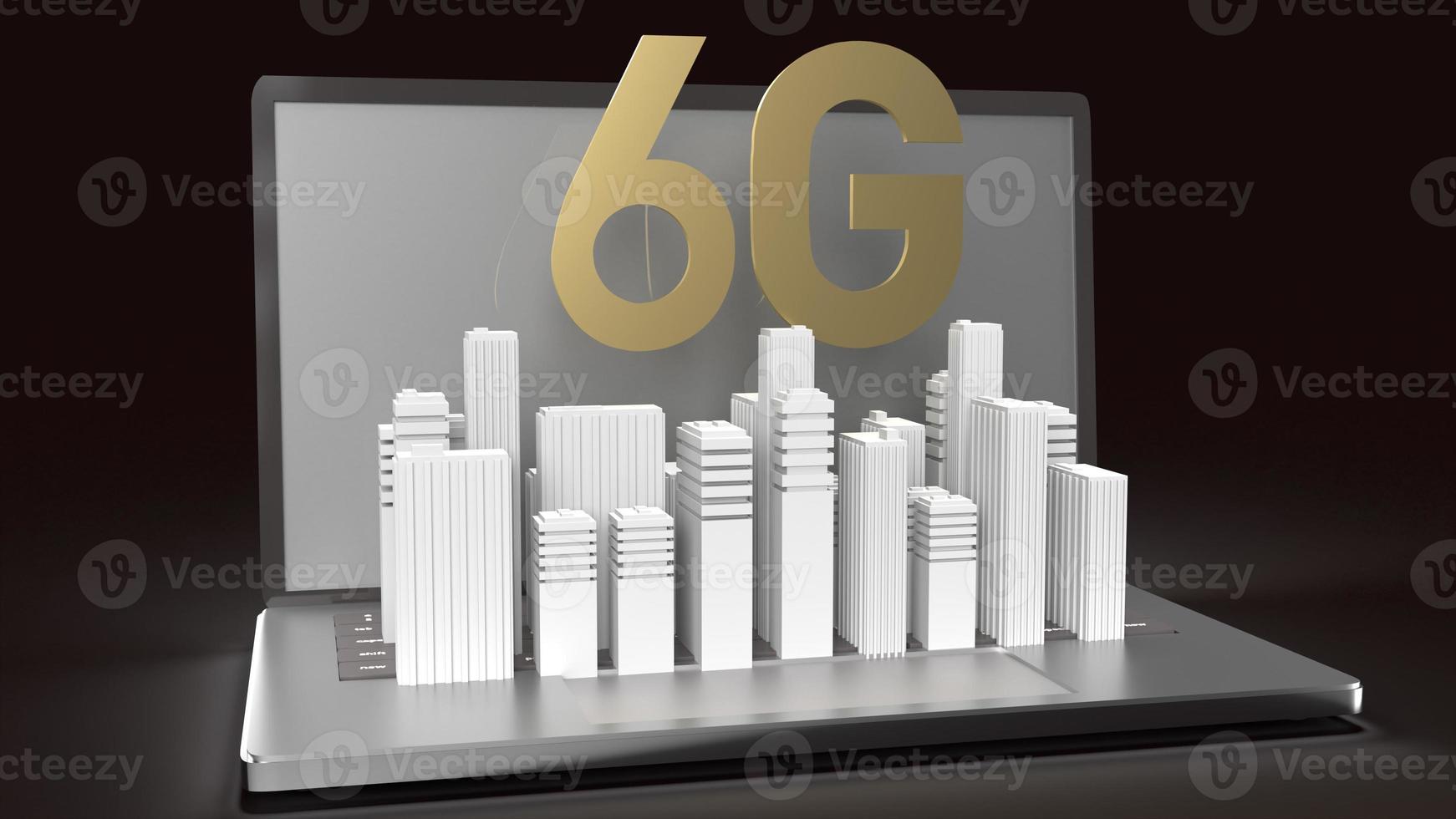 The 3d rendering 6g text gold surface glow on notebook and building  in dark image for mobile technology content. photo