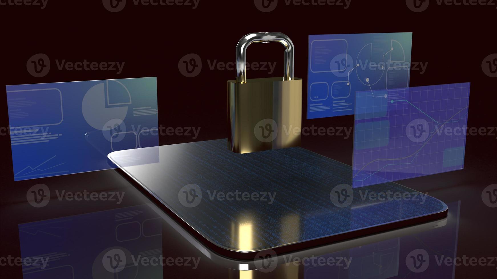 The tablet and master key 3d rendering for mobile security content. photo