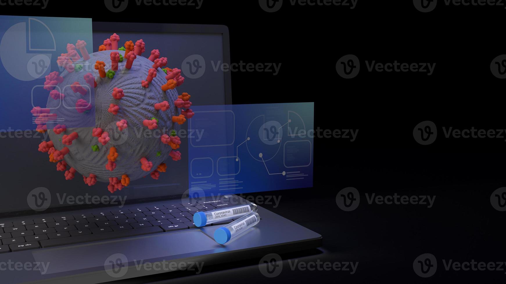 corona virus and  science tube on notebook 3d rendering for medical content. photo