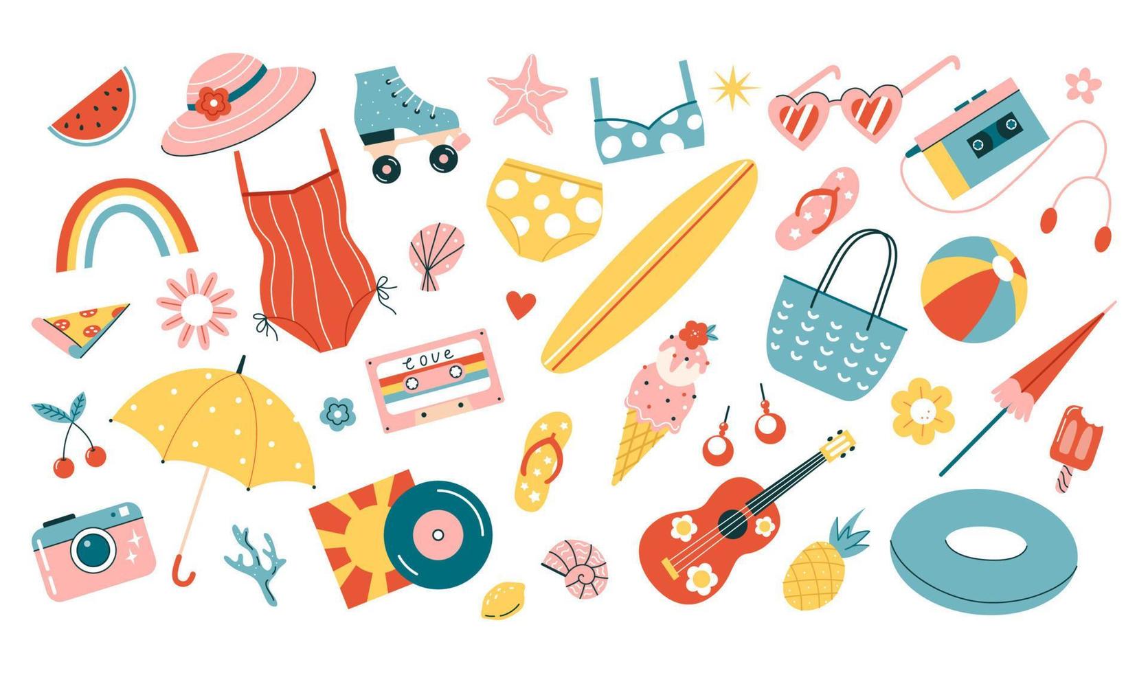 Cute summer set with 60s, 70s elements. Flat vector illustration.