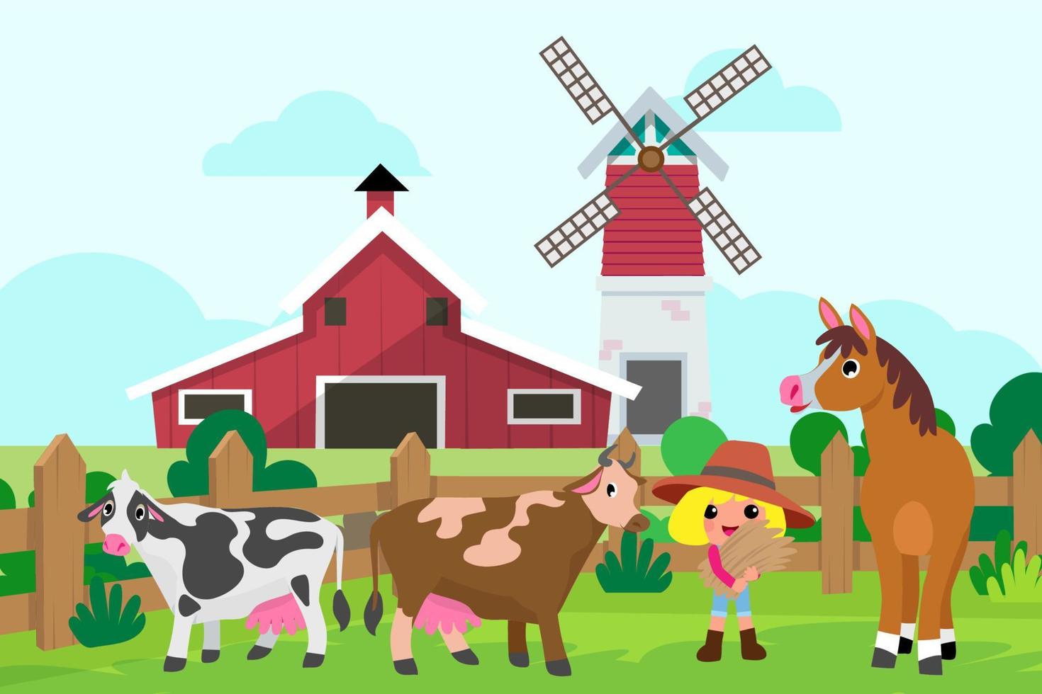 Cute animals in ranch, Farm and agriculture. illustrations of village life and objects Design for banner, layout, annual report, web, flyer, brochure, ad. vector