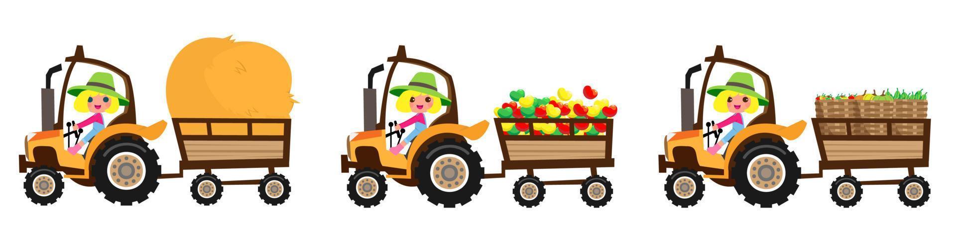 A young farmer harvests produce from the farm and transports it by tractor. vector