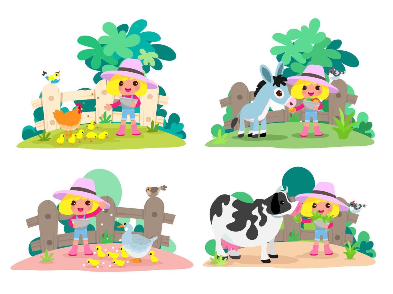 lindos animales en rancho, granja y agricultura. ilustraciones de la vida del pueblo y el diseño de objetos para banner, diseño, informe anual, web, volante, folleto, anuncio. vector