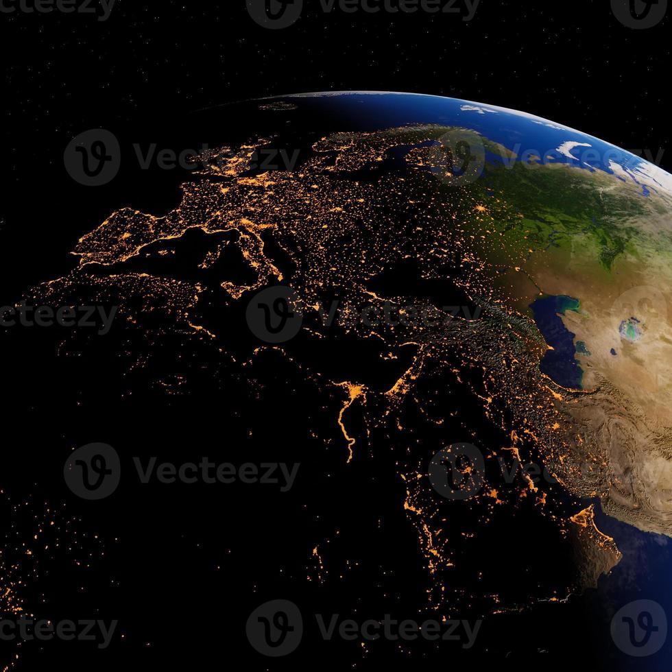Day and night on Earth planet viewed from space and showing the lights of Europe. 3D rendering. Elements of this image furnished by NASA photo