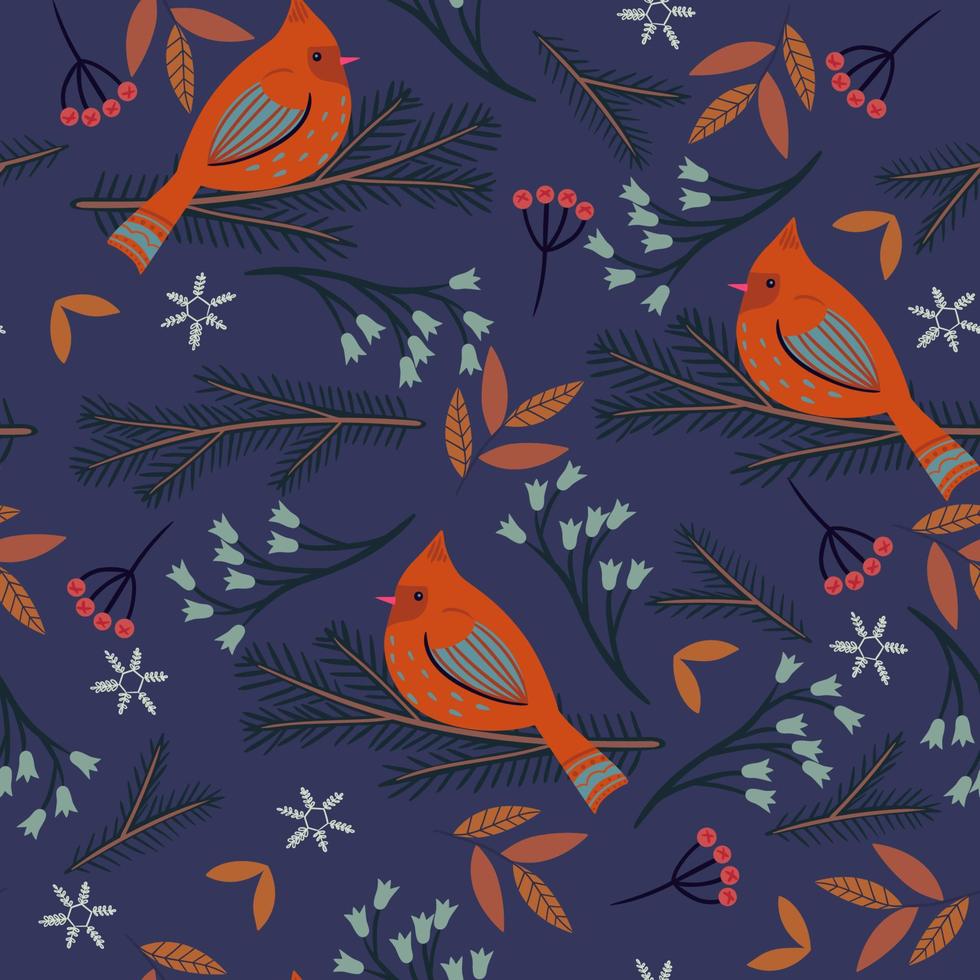 Seamless pattern with winter birds and flora. Vector graphics.