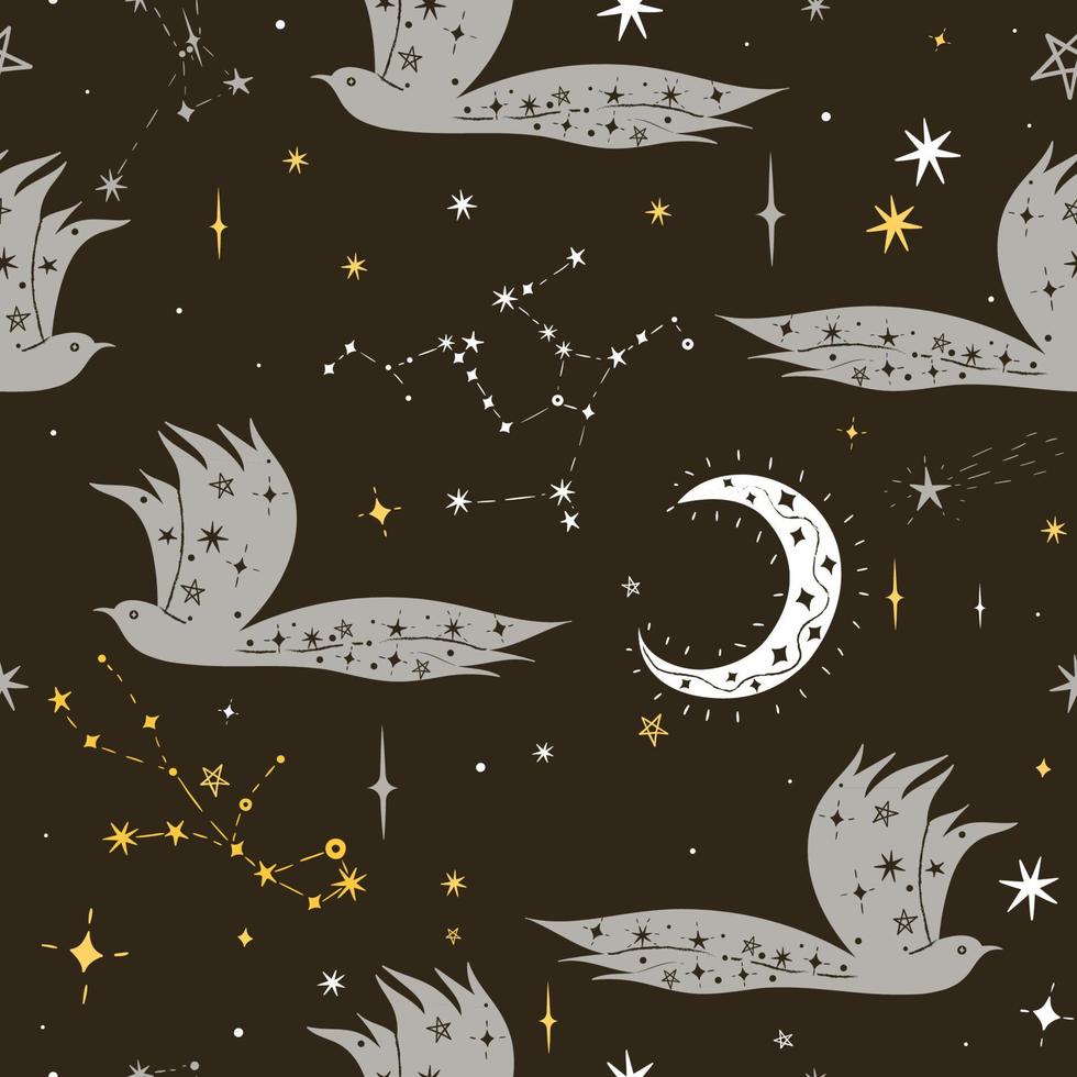 Night birds seamless pattern with stars. Vector graphics.