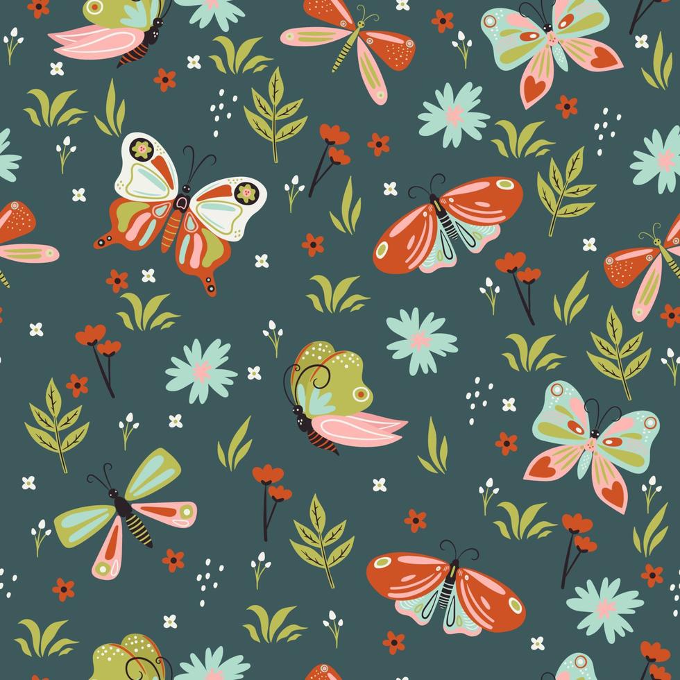 Seamless pattern with butterflies and flowers. Vector graphics.