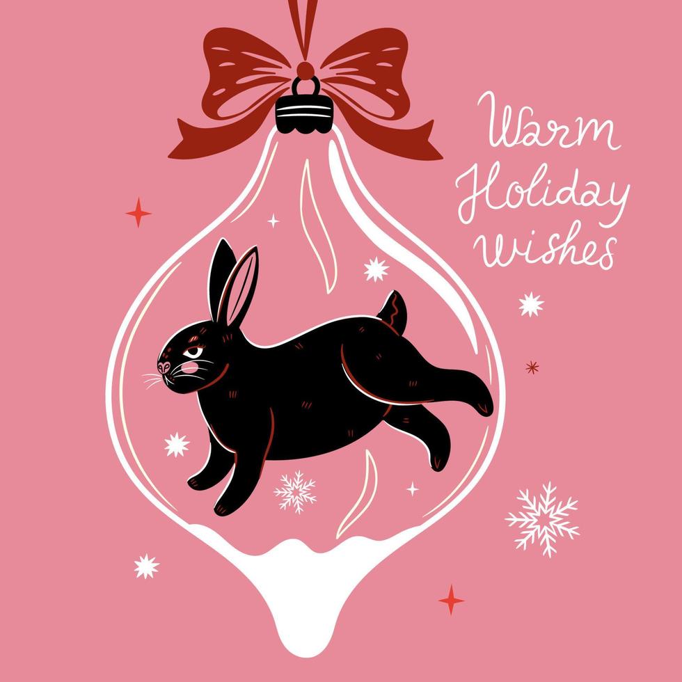 Christmas card with a Christmas ball with a black rabbit. Vector graphics.