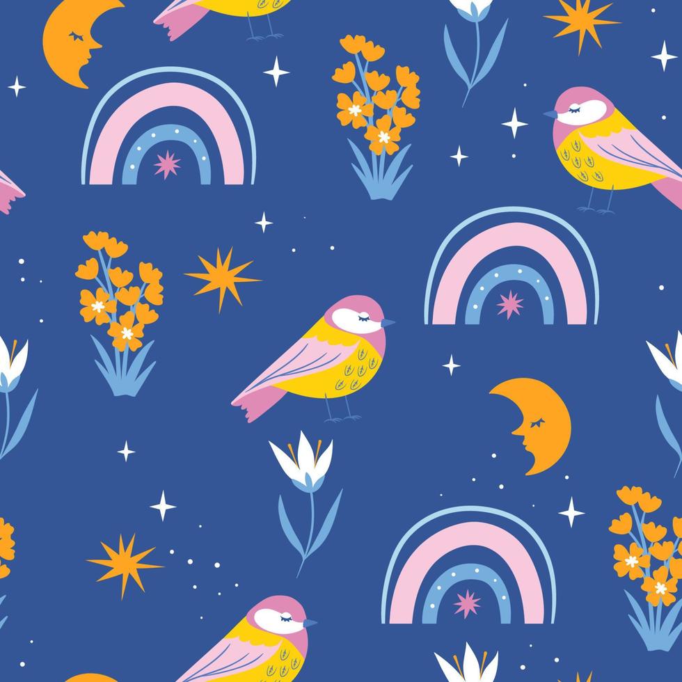 Seamless pattern with cute birds, rainbows and flowers. Vector graphics.