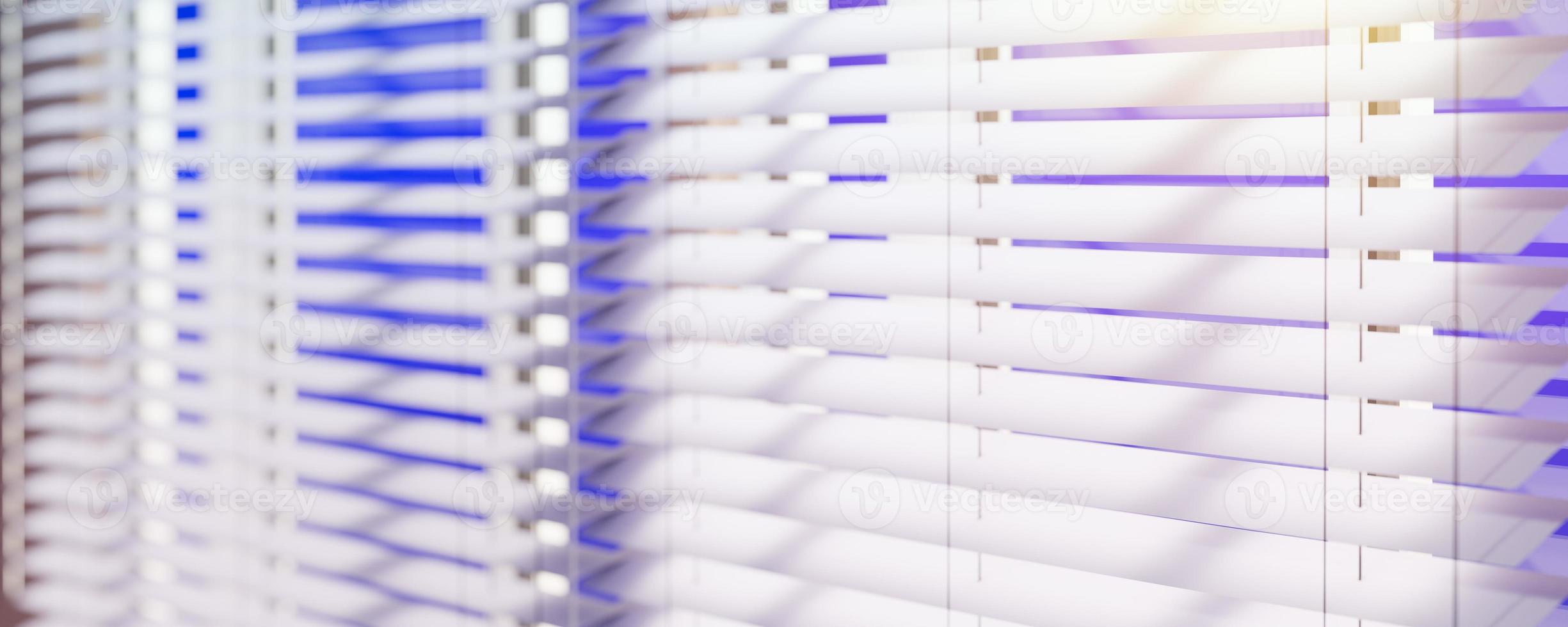 Panoramic view of White Venetian blinds with sunlight. Window blinds. 3d rendering. photo