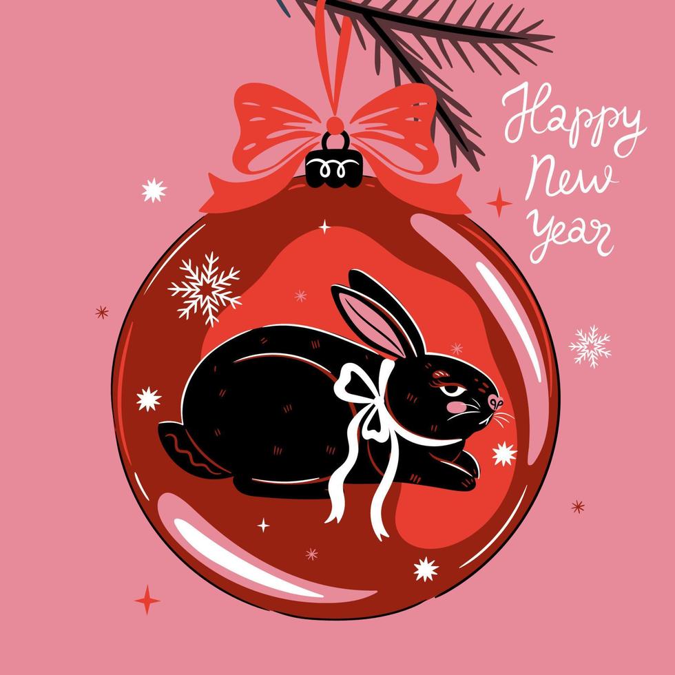Christmas card with a Christmas ball with a black rabbit. Vector graphics.