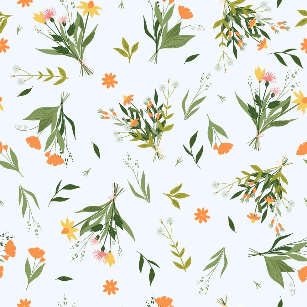 Seamless pattern with bouquets of wildflowers. Vector graphics.