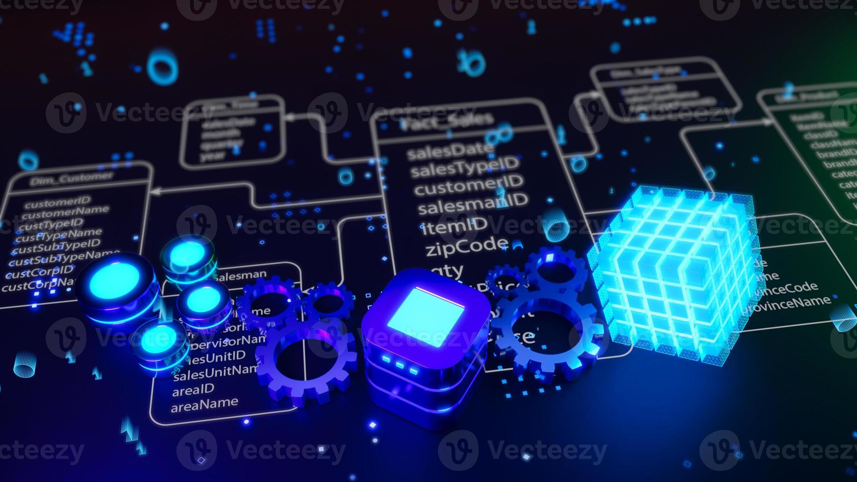 The OLAP process. Online Analytical Processing concept, Data analysis, OLAP Server, Business Intelligence BI, Key performance indicators KPI, Dashboard, SQL, MDX, 3D rendering. photo