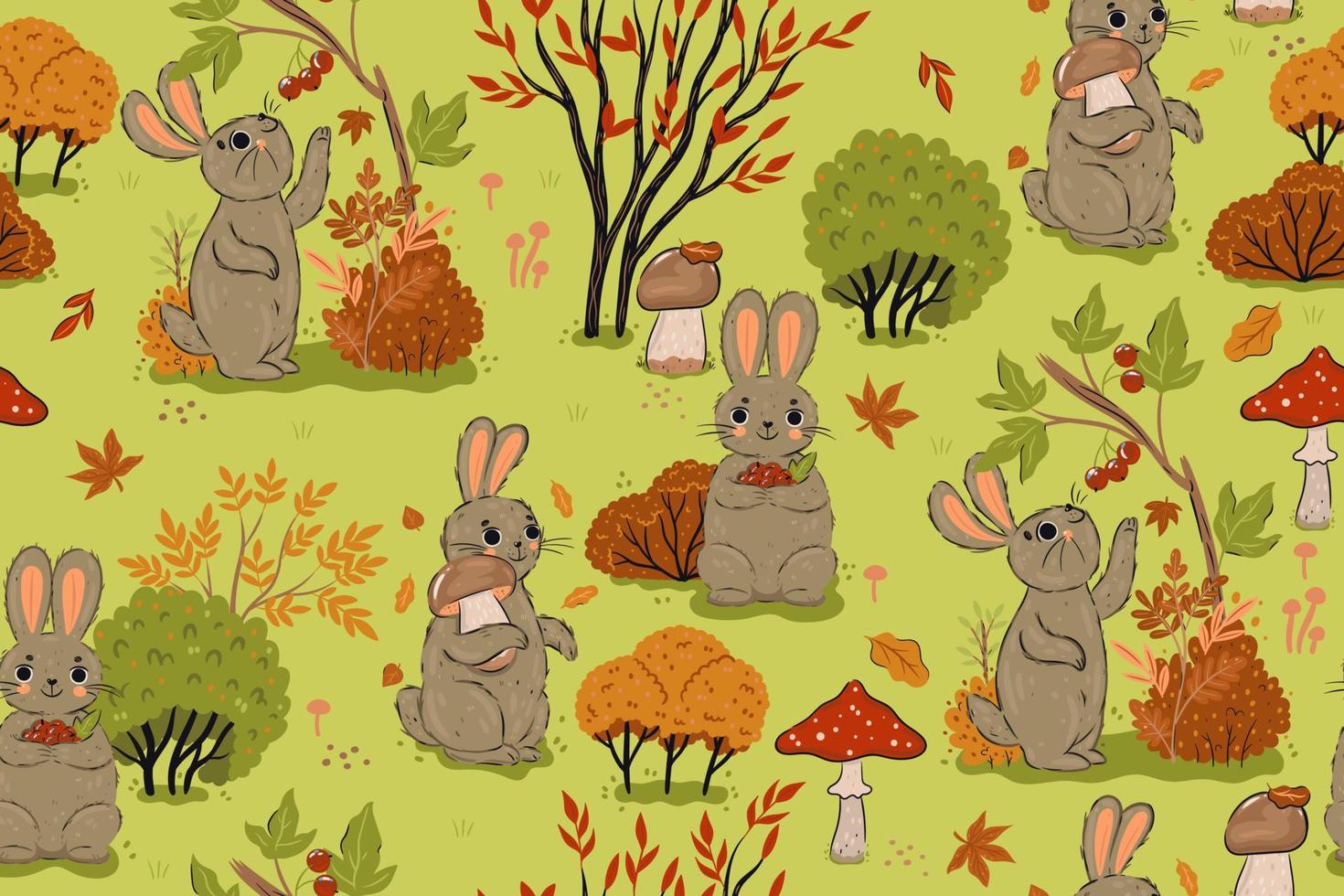 Seamless pattern with rabbits in the autumn forest. Vector graphics.