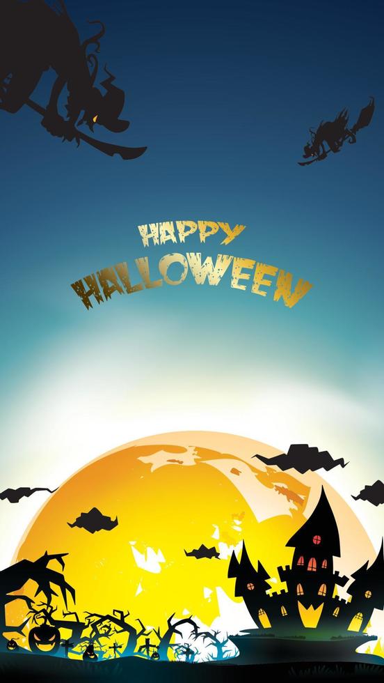 Halloween night background with pumpkin, haunted house, castle and full moon. Flyer or invitation template for banner, party, Invitation . Vector illustration with place for your Text  copy space