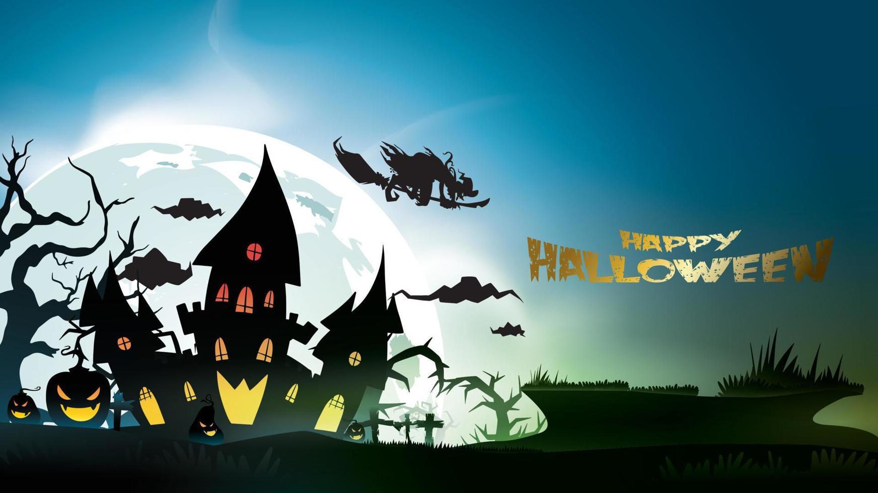 fondo de noche de halloween con calabaza, casa embrujada, castillo y luna llena. volante o plantilla de invitación para banner, fiesta, invitación. ilustración vectorial con lugar para el espacio de copia de texto vector