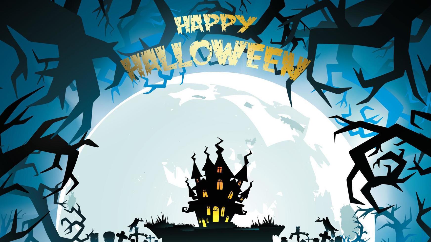 Halloween night background with pumpkin, haunted house, castle and full moon. Flyer or invitation template for banner, party, Invitation . Vector illustration with place for your Text  copy space