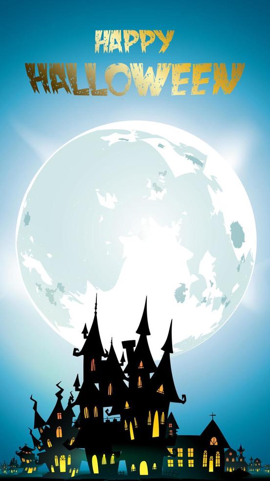 Halloween night background with pumpkin, haunted house, castle and full moon. Flyer or invitation template for banner, party, Invitation . Vector illustration with place for your Text and copy space
