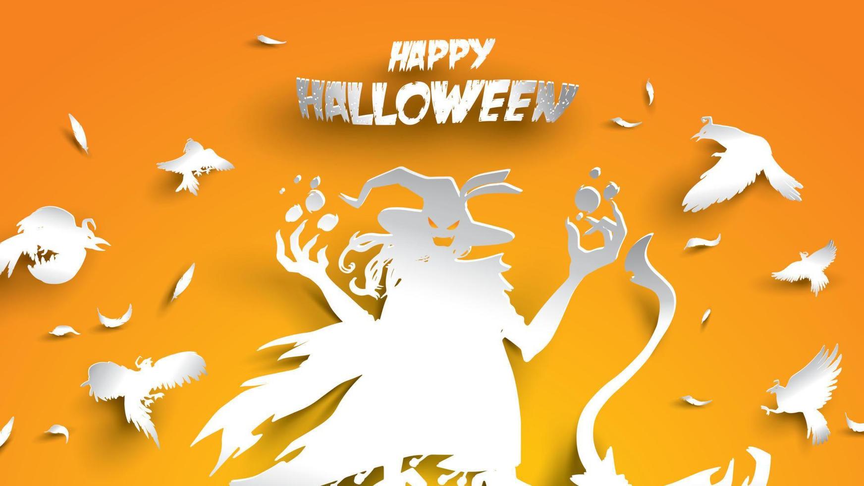 Halloween background with witch and crow in paper art carving style. banner, poster, Flyer or invitation template party. Vector illustration.