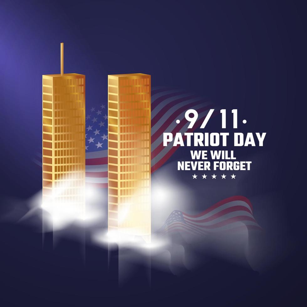 9 11 memorial day September 11.Patriot day NYC World Trade Center. We will never forget, the terrorist attacks of september 11. Twin towers representing the number eleven. Gold twin tower WTC vector