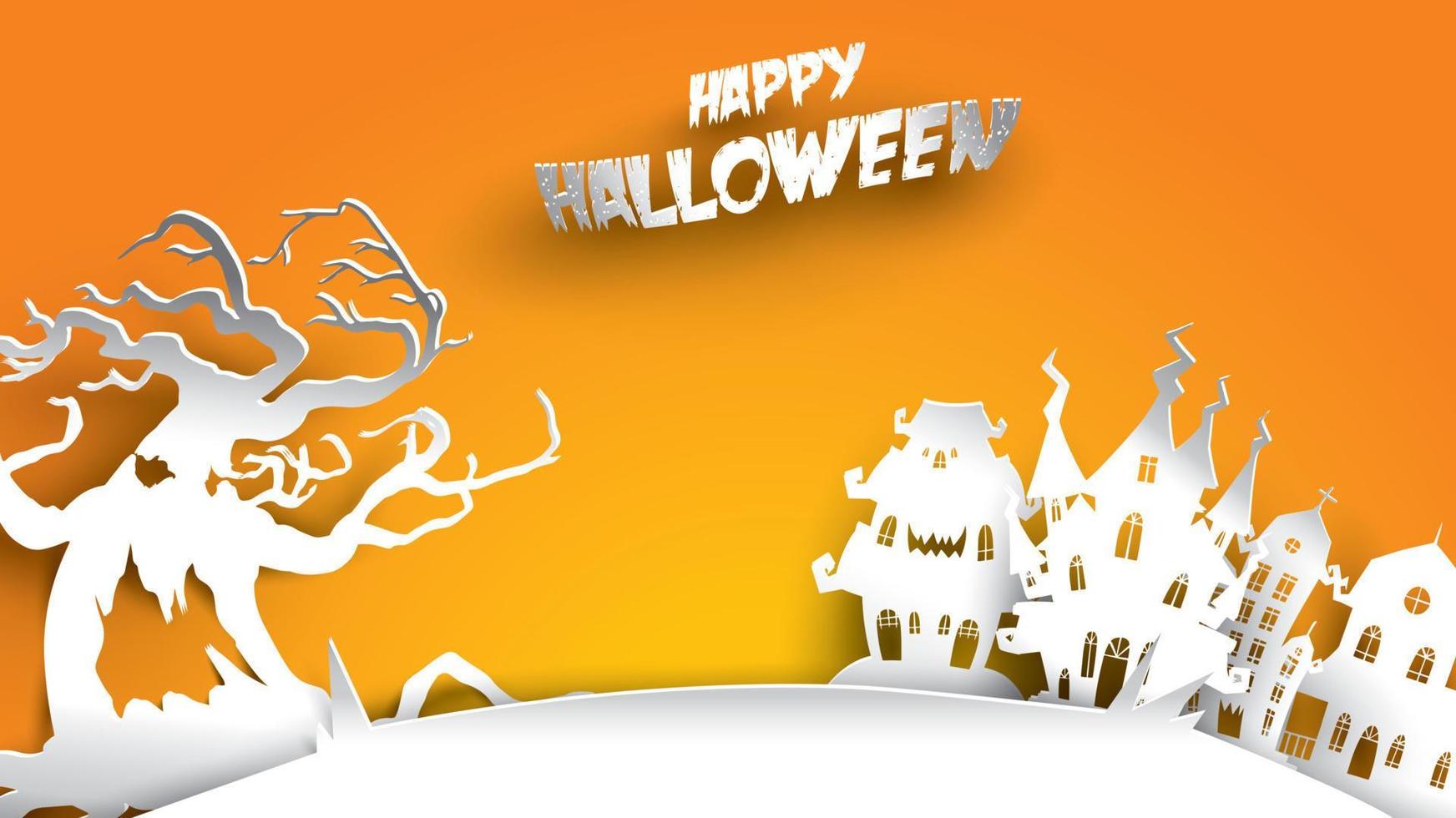 Halloween background with haunted tree and house in paper art carving style. banner, poster, Flyer or invitation template party. Vector illustration.