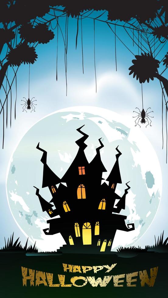 fondo de noche de halloween con calabaza, casa embrujada, castillo y luna llena. volante o plantilla de invitación para banner, fiesta, invitación. ilustración vectorial con lugar para el texto o el espacio de copia vector