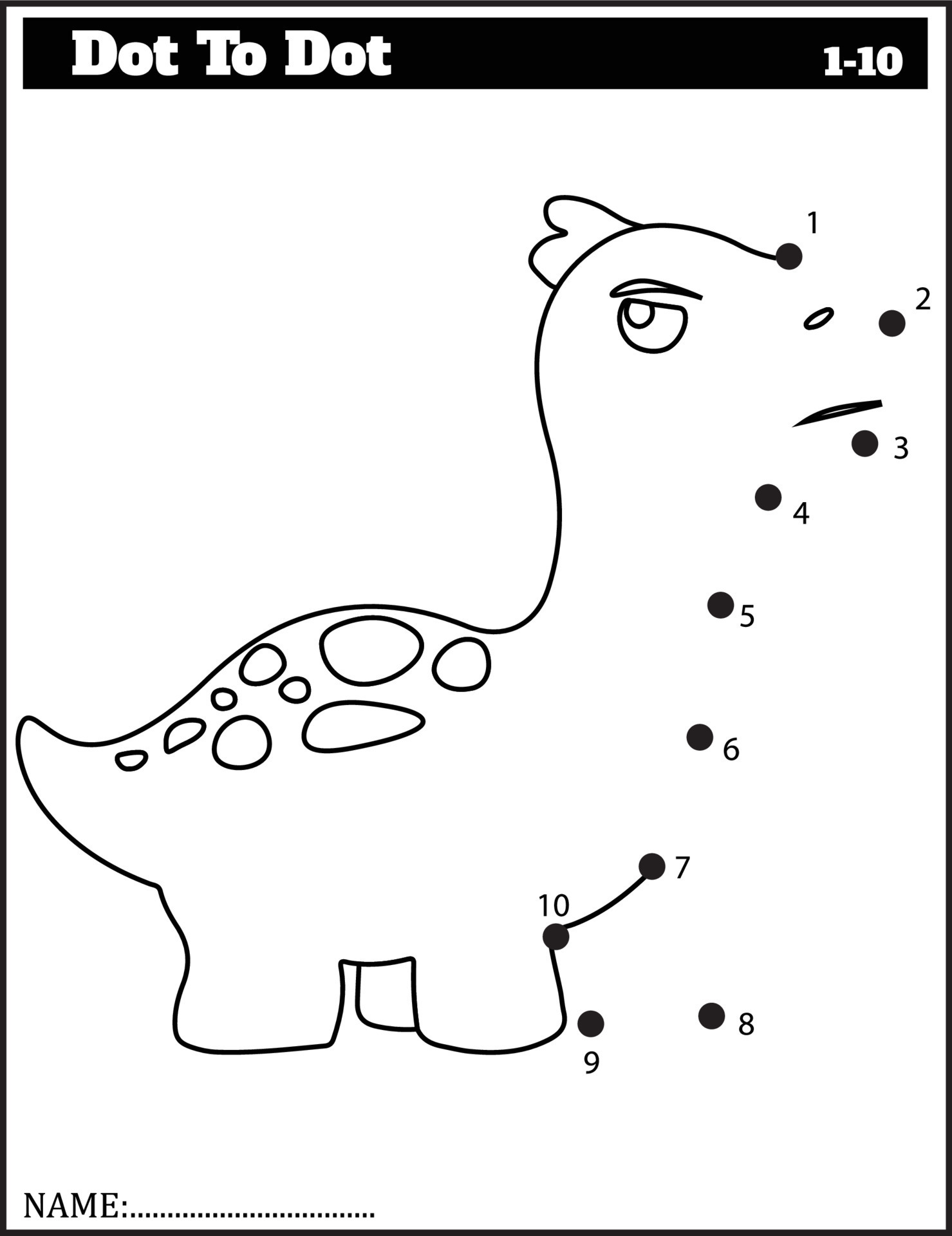 Funny cartoon dinosaur. Dot to dot game for kids, Numbers Worksheet