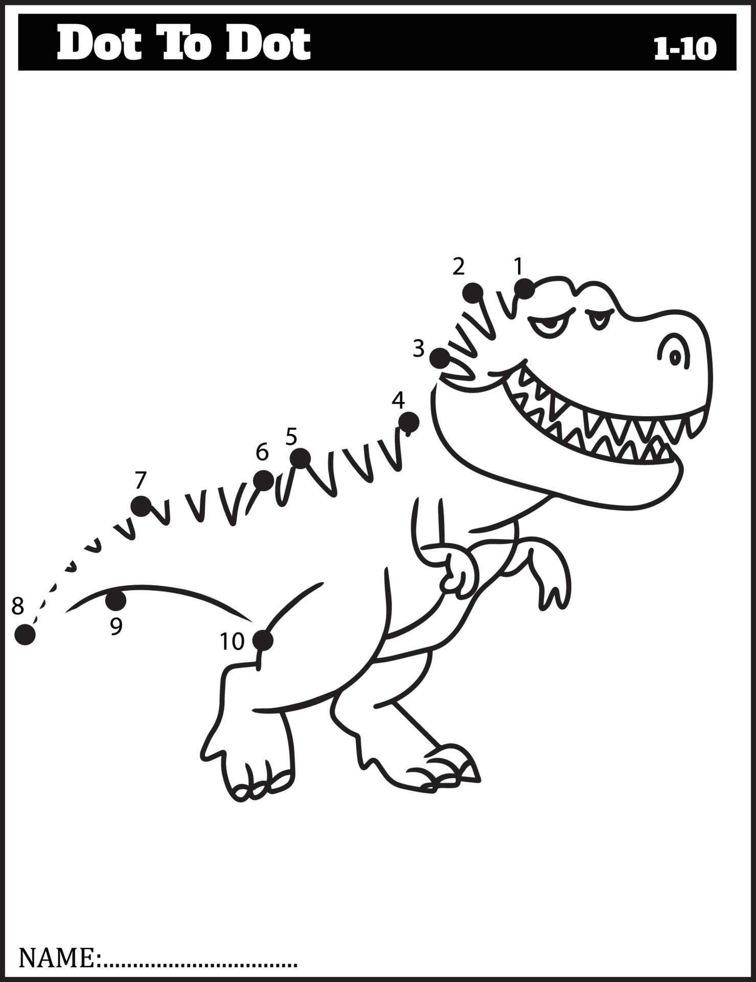 Funny cartoon dinosaur. Dot to dot game for kids, Numbers Worksheet