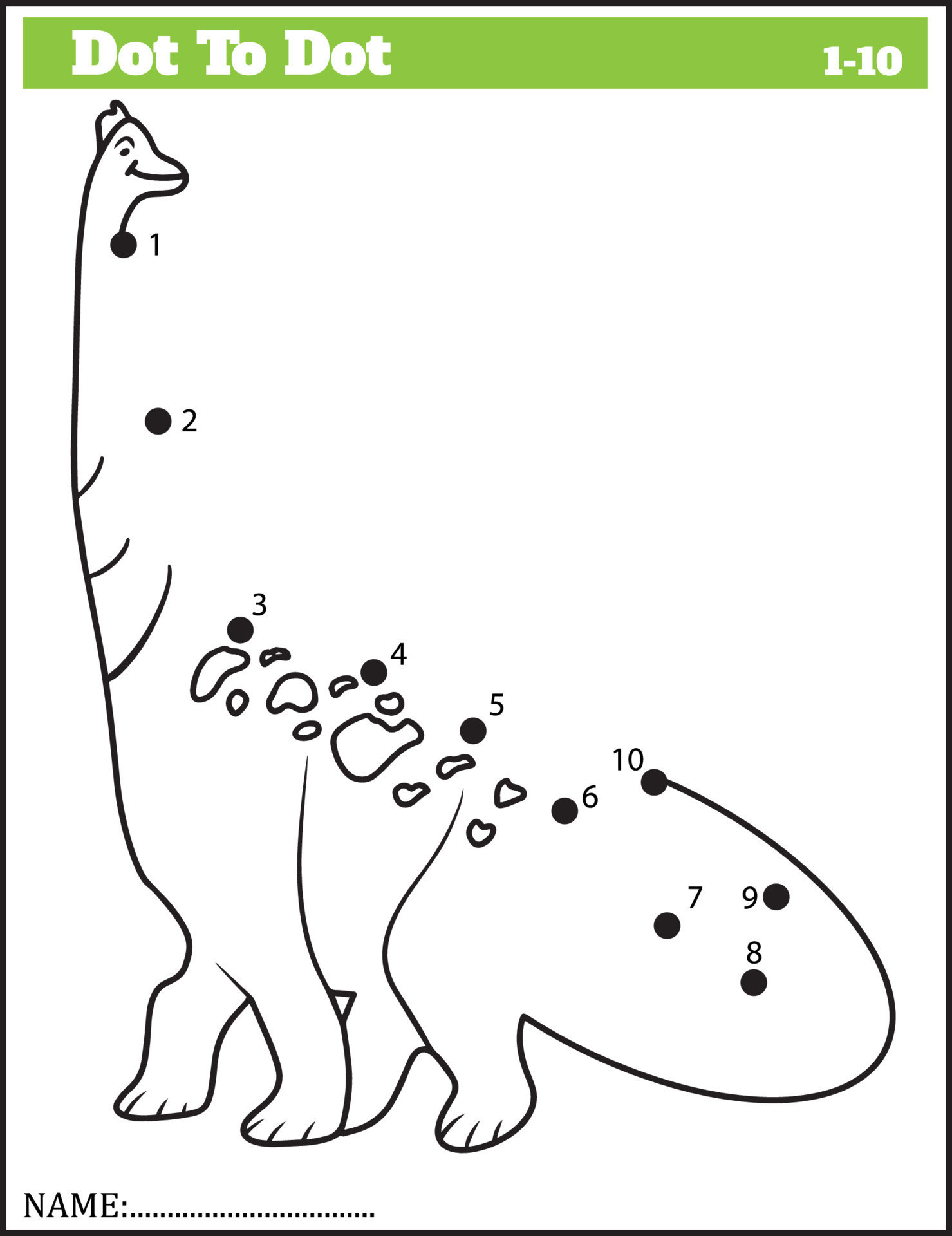 Funny cartoon dinosaur. Dot to dot game for kids, Numbers Worksheet