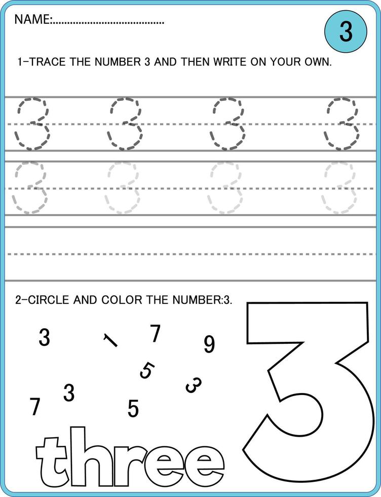 actividad de rastreo de números. trazar el juego educativo infantil número 3, hoja de trabajo imprimible vector