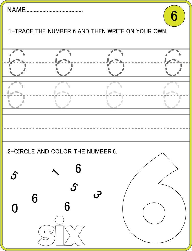 Tracing numbers activity. Trace the number 6 Educational children game, printable worksheet vector
