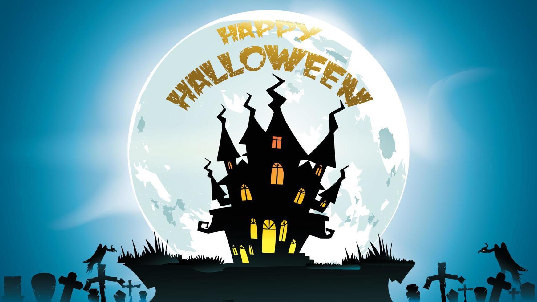 fondo de noche de halloween con calabaza, casa embrujada, castillo y luna llena. volante o plantilla de invitación para banner, fiesta, invitación. ilustración vectorial con lugar para el texto vector